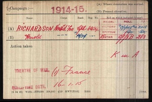 Richardson Harold medalcard on the western front